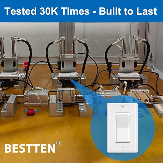 BESTTEN 30 Pack Single Pole Decorator Light Switch, Rocker Paddle Wall Switch, On/Off Interrupter, w/Wall Plate, 15A 120/277V, UL Listed, White
