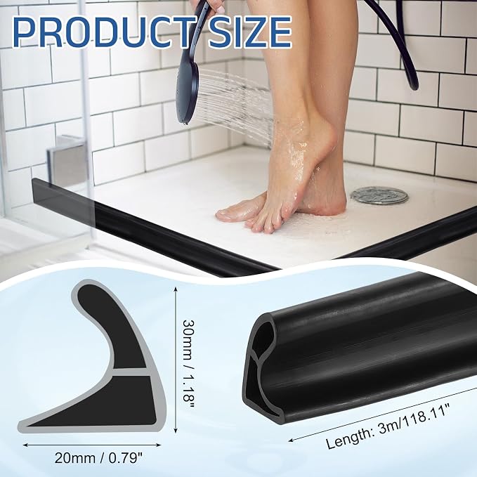 uxcell Flexible Shower Water Barrier, 118" TPE Shower Edge Water Stopper Blocker Splash Guard for Bathtub Sink Washing Machine Dry and Wet Separation, 0.79"W x 1.18"H, Black