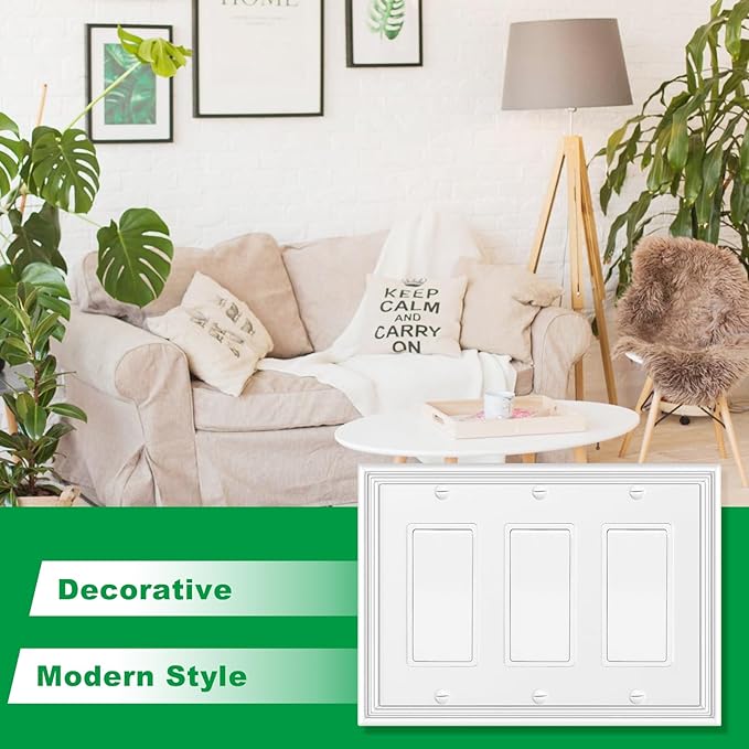White Modern Decorative Wall Plate Light Switch Cover Decorator Outlet Covers Rocker Switch Plates Bamboo Fiber Material Wall Plates for Kitchen Bathroom (3 Gang Triple Decorator-1 Pack)