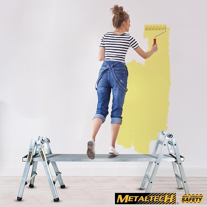 Metaltech E-MTL7000AL Jobsite Series 14-ft.-Reach Aluminum Telescoping Multi-Position Step Ladder for Home Improvement and Construction, Multipurpose Extension Ladder, Step Ladder, Scaffolding Support