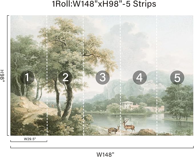 Vintage Forest Wall Murals Peel and Stick 148"x98" Canvas Waterproof | Self-Adhesive Removable Wallpaper for Bedroom Living Room Green Countryside Landscape Wall Art Decor