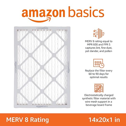 Amazon Basics 14x20x1 Air Filter, MERV 8 AC Furnace Filters, Allergy Control, Electrostatic, Removes Dust Pollen and Lint, 6-Pack (Actual Size: 13.75" x 19.75" x 0.75")
