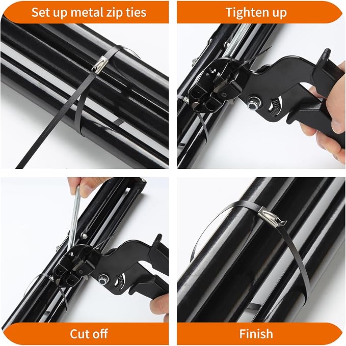BethTie Stainless Steel Cable Tie Gun Set, with 300PCS Black Metal Zip Ties (100 Each of 6, 8, 11.8 Inch), Adjustable Fastening Cutting Tie Tool Sets for Fencing, Exhaust Pipes, Automotive