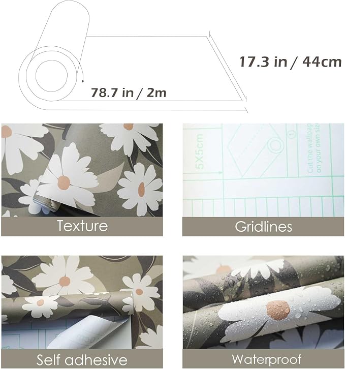 Floral Wallpaper Peel and Stick, Green Daisy Flower Removable Self Adhesive Wallpaper for Bedroom Bathroom Cabinet, 17.3‘’×78.7‘’