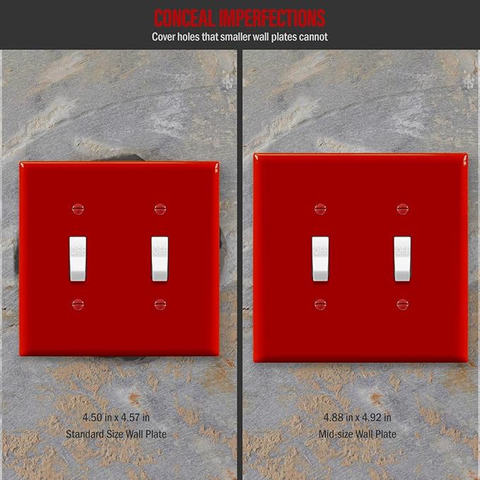 ENERLITES Toggle Light Switch Wall Plate, 2-Gang 4.88" x 4.92", Mid-Size, UL Listed, 8812M-R, Red