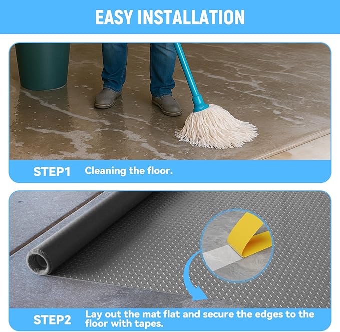 4x10 FT Garage Floor Mat, 2.8mm Thickened PVC Flooring Roll for Under Car, Golf Cart Parking Mat, Diamond Plate Gray Motorcycle Mat for Warehouse, Basement, Gyms, Trailer（Included Tapes）