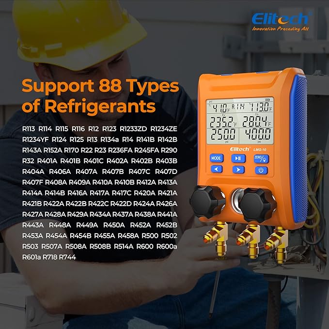Elitech LMG-10Plus 2-Way Digital Manifold, HVAC Refrigerant Pressure Gauge for Superheat/Subcooling, with Temp Clamps and R410A Adapter, Supports 88 Refrigerants