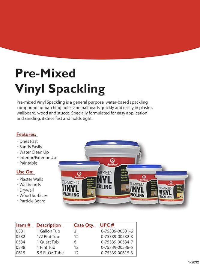Red Devil 0538 Pre-Mixed Vinyl Spackling, 1 Pint