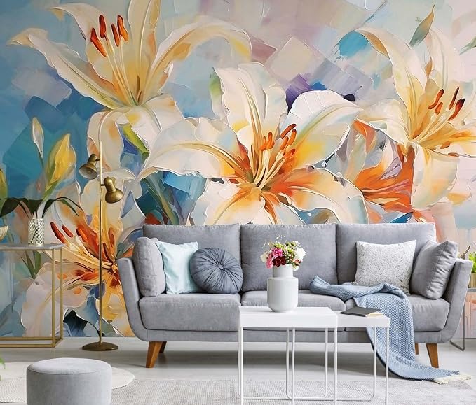 Jdayda Floral Wallpaper Handmade Oil Painting Watercolor Art Lily Flower | 170"x120" Not Self-Adhesive Wall Mural for Bedroom Living Room