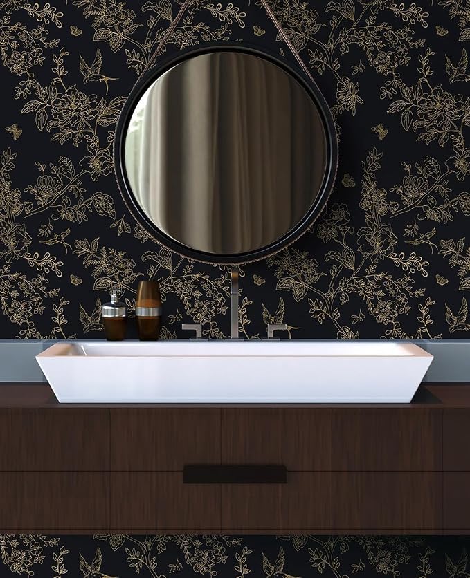 Froluya Black and Gold Wallpaper Peel and Stick Wallpaper 17.7"x590.5" Vintage Floral Boho Peel and Stick Wall Paper Dark Removable Self Adhesive Contact Paper for Bedroom Cabinets Shelf Liner Vinyl
