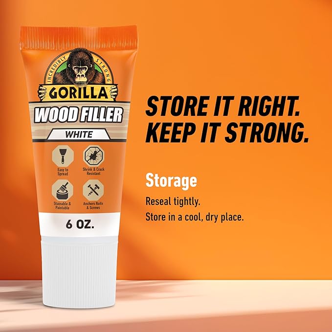 Gorilla All Purpose Wood Filler, White, Wood Filler, 6 Ounce Tube (Pack of 1) - Water Resistant for Indoor or Outdoor Projects and Repairs
