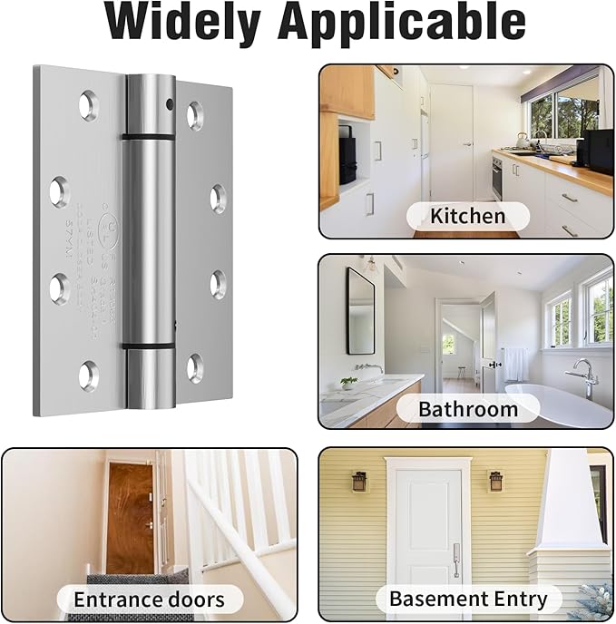 2 Pack Self Closing Door Hinges, 4.5 Inch Spring Loaded Door Hinges with Square Corners, Adjustable Tension for Garage, Front, Back Door, UL Listed, Left and Right Hand