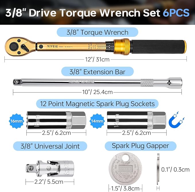 3/8-Inch Drive Torque Wrench Set, 5-50 FT.LB(6.8-67.8 Nm), Magnetic Spark Plug Socket Set, 12-Point Sockets 14mm & 16mm, Spark Plug Gap Tool, ±3% Accuracy, 72-Tooth Torque Wrench for Motor, Car Repair