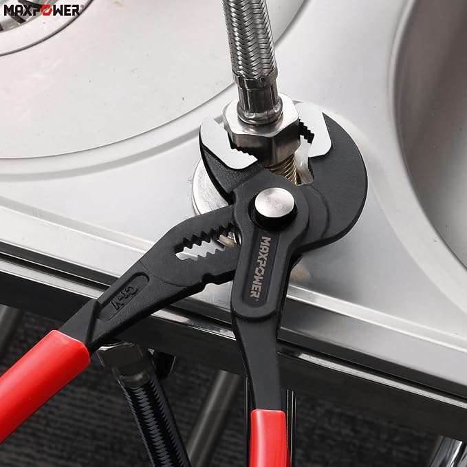 MAXPOWER 10-Inch Tongue-and-Groove Pliers, 1.2" Jaw Opening V Jaw Pliers | Quick Release Push Button Adjustable Pliers, Serrated Teeth, Comfortable Grips