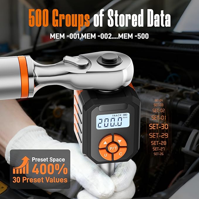 1/2" Digital Torque Wrench Adapter Set, 7.3-147.5 Ft.lb/10-200 N.m Electronic Torque Adapter with Buzzer & LED Indicator for Automotive Motocycle Car Repair
