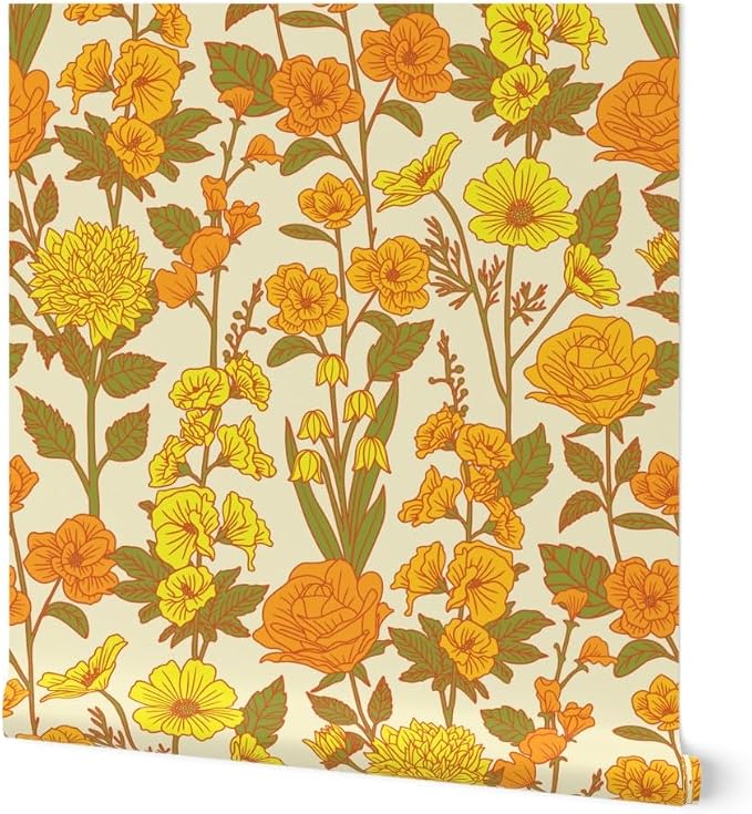 Spoonflower Retro Floral Yellow Pre-Pasted Removable Wallpaper | Roll 24" x 36" | Orange Green 1970S Flowers Botanical | Self-adhesive, removable and renter-friendly