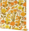 Spoonflower Retro Floral Yellow Pre-Pasted Removable Wallpaper | Sample 12" x 24" | Orange Green 1970S Flowers Botanical | Self-adhesive, removable and renter-friendly