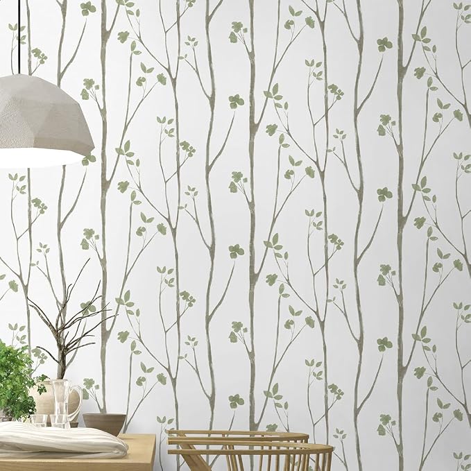 Timeet Green White Leaf Floral Boho Wallpaper 16" x 393.7" Self-Adhesive Removable Peel and Stick for Walls Covering