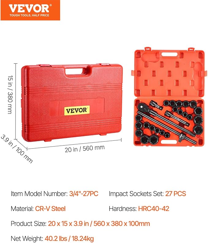 VEVOR Impact Socket Set, 3/4 Inches Socket Assortment, Drive Socket Set Impact Standard SAE (7/8 Inches to 2 Inches) & Metric Sizes (22 mm-50 mm), 27 Piece Standard Impact Sockets
