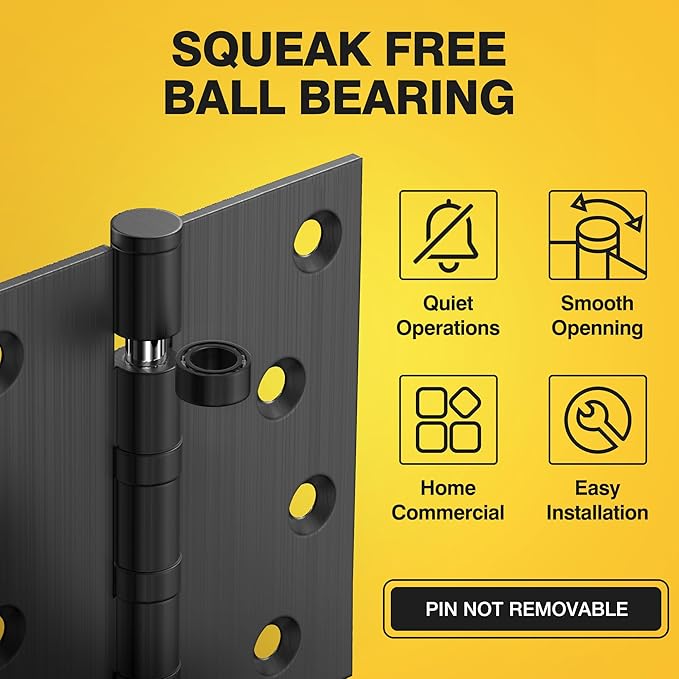 KOLET Ball Bearing Door Hinges, 4 x 4 Inches Door Hinges, Square Corner Heavy Duty Hinges, Commercial Grade Stainless Steel, Smooth and Non Removable Pin, Matte Black, 3 Pack