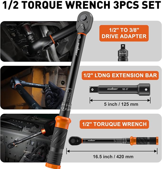 HORUSDY 1/2-Inch Drive Click Torque Wrench Set – 10–170 ft-lb / 13.6–230.5 Nm, ±3% Precision, Dual Scale, 72-Tooth Reversible Head with 5" Extension & Adapter for Car, Tire, and Motorcycle Use