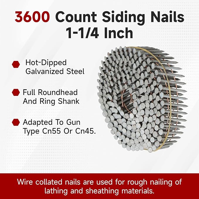 findmall 3600 Count Siding Nails 1-1/4 Inch by .092 Inch 15 Degree Ring Shank Hot-Dipped Galvanized Collated Wire Coil. Adapted to Gun Type CN55 or CN45