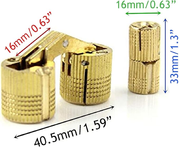 12 Pcs 16mm Brass Barrel Hinges Hidden Invisible Cabinet Furniture Hinges Concealed 180 Degree Opening Angle