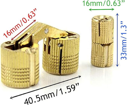 12 Pcs 16mm Brass Barrel Hinges Hidden Invisible Cabinet Furniture Hinges Concealed 180 Degree Opening Angle