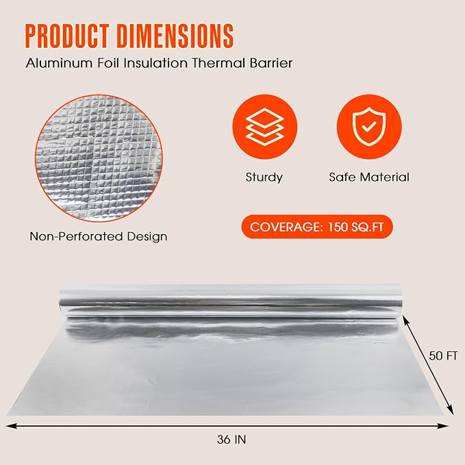Sauna Foil Vapor Barrier, 3FT x 50FT 150 sqft Aluminum Insulation | Heavy-Duty Reflective Thermal Barrier Roll, Non-Perforated Aluminum Foil, Energy Saver for Sauna, Attic, Garage, Crawl Space
