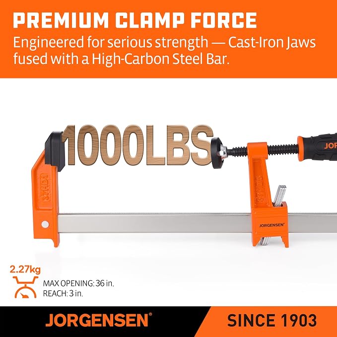 Jorgensen 36-Inch Bar Clamp Set, Heavy Duty Steel Bar Clamps for Woodworking, Wood Clamps with 1000 lbs Load Limit, 2-Pack