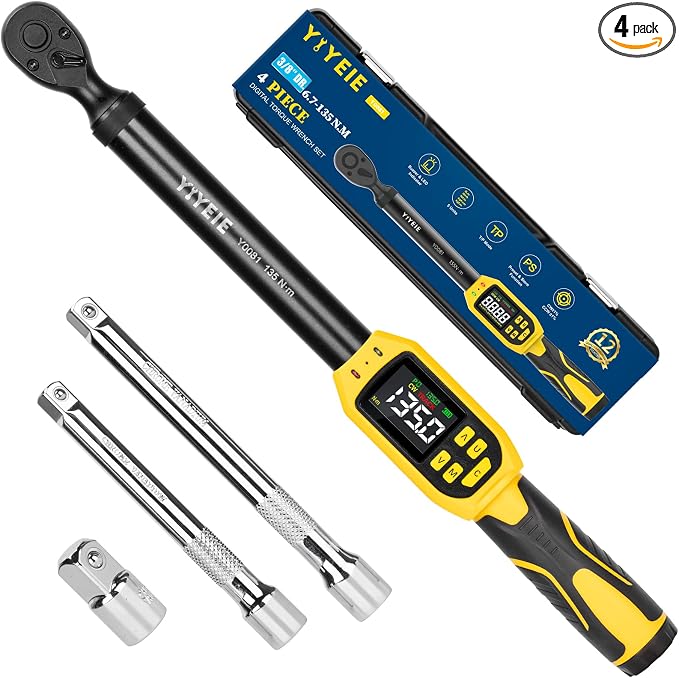 Digital Torque Wrench 3/8" Drive, 5-99.5 Ft-lb/6.7-135 N.m (±1% Accuracy) | Buzzer and LED Alert, Electric Torque Wrench Digital with Adapter, 2 Extension Bars - Reach Tight Space, for Bike/Moto/Auto