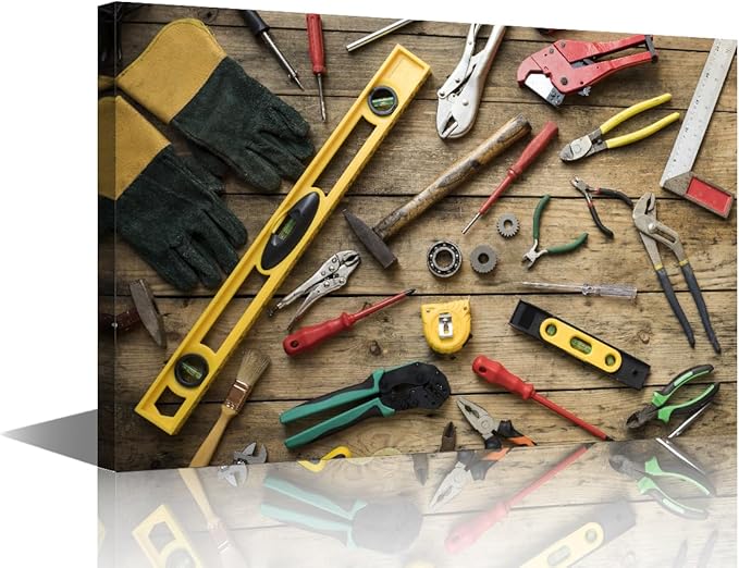 TUMOVO Large Wall Art for Living Room Wall Decor Various Old Carpenter Tools on Wooden Table Poster Canvas Supermarket Hotel Restaurant Office Wall Decoration Ready to Hang 1 Piece (24" Wx36 H)