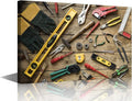 Canvas Wall Art Old Carpenter Tools on Wooden Background Picture Hammer Cutter Utensil Poster Framed Artwork for Home Living Room Bedroom Wall Decor Ready to Hang 1pcs (12" Wx18 H)