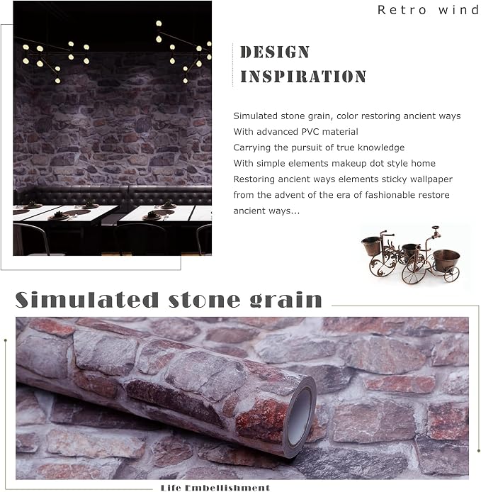 Pink Brick Wallpaper Peel and Stick Realistic Textured Rock Stone Vinyl Wall Paper Faux Brick Look Wall Covering Self Adhesive Contact Paper Embossed Vintage Removable 23.6" X 193"