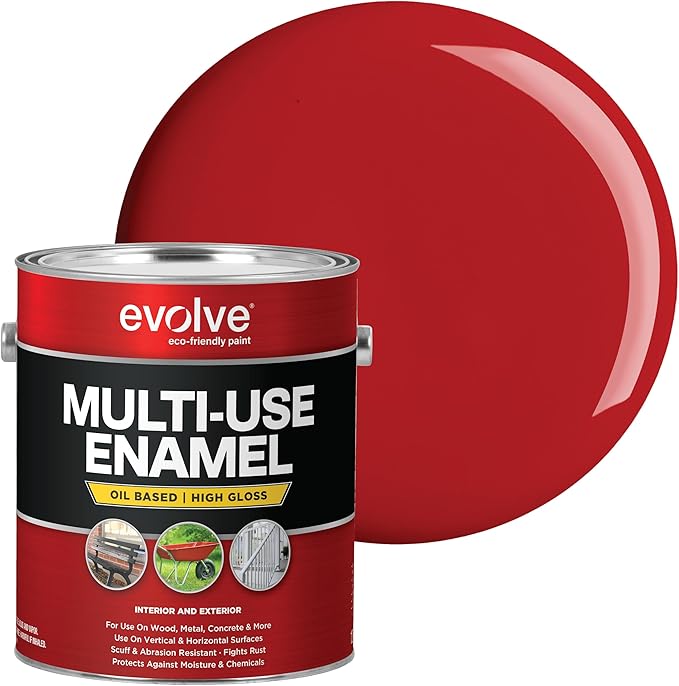 EVOLVE Multi-Purpose Alkyd Enamel – Interior Exterior Oil-Based Paint for Wood, Metal, Concrete, & Masonry, High-Gloss, Rust & Abrasion Resistant (Safety Red, 1 Gallon)