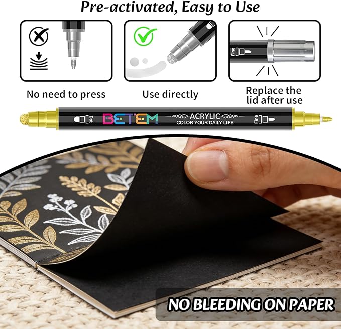 Betem 6 Gold&Silver Dual Tip Acrylic Paint Markers, Fabric Decorating Kits Premium Water-Based Acrylic Paint Pens Art Supplies for Fabric, Rock, Wood, Glass, Canvas, Ceramic, Teacher Appreciation Gift