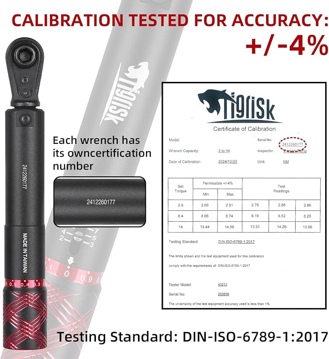 Tigrisk® 1/4 Drive Bike Torque Wrench, Preset Torque 2-14Nm, ±4% Precision | Individually calibrated with unique certificate. 0.1Nm adjustment, click stop, Hex/Torx bits for road, MTB and carbon bikes.