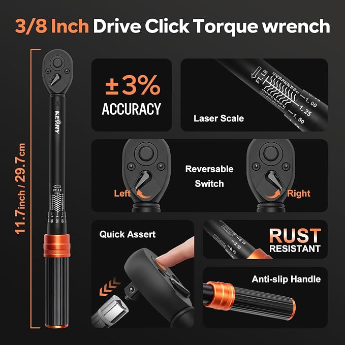 Kerry 3/8" Spark Plug Torque Wrench Set, 14mm 16mm Magnetic Swivel Sockets | 5-45 ft-lb 10-Piece Kit with 5/8", 3/4", 13/16", 14mm, 18mm 6-Point Sockets, Extension and Universal Joint for Easy Removal