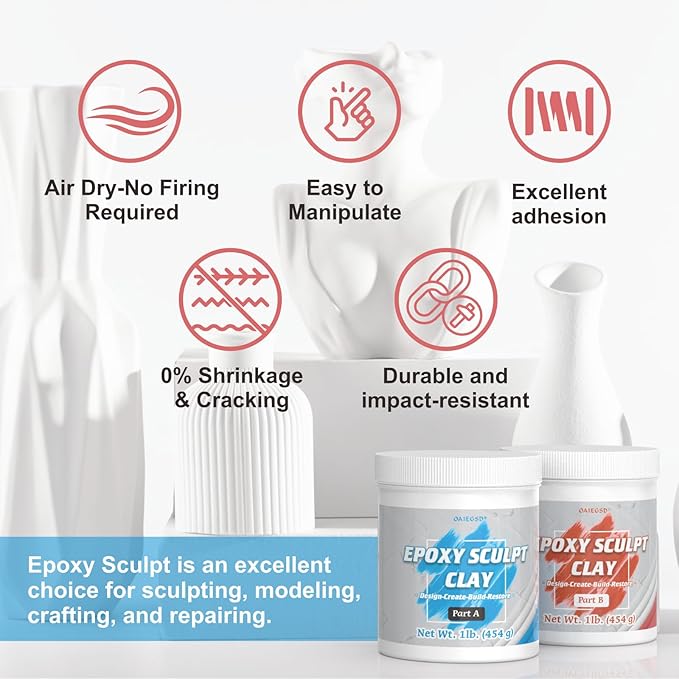 2 Pound Black Epoxy Putty Sculpt Clay, 2 Part (A & B) Modeling Compound for Sculpting, Modeling, Building, Repairing, Self-Hardening Epoxy Clay Easily Repairs Metal, Wood, Tile, Ceramics, Plastic