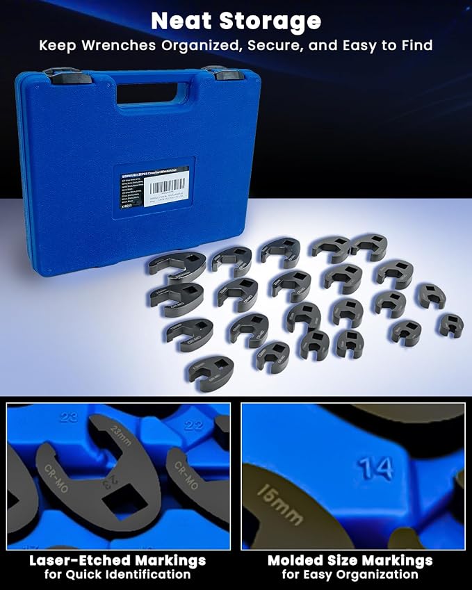 SIXIWANZI Metric Crowfoot Wrench Set, 22pc Flare Nut 8-32mm 3/8" 1/2" Drive | 8-32mm CR-MO steel, black phosphate no slip grip, ratchet torque ready, tight space steering brake line auto repair