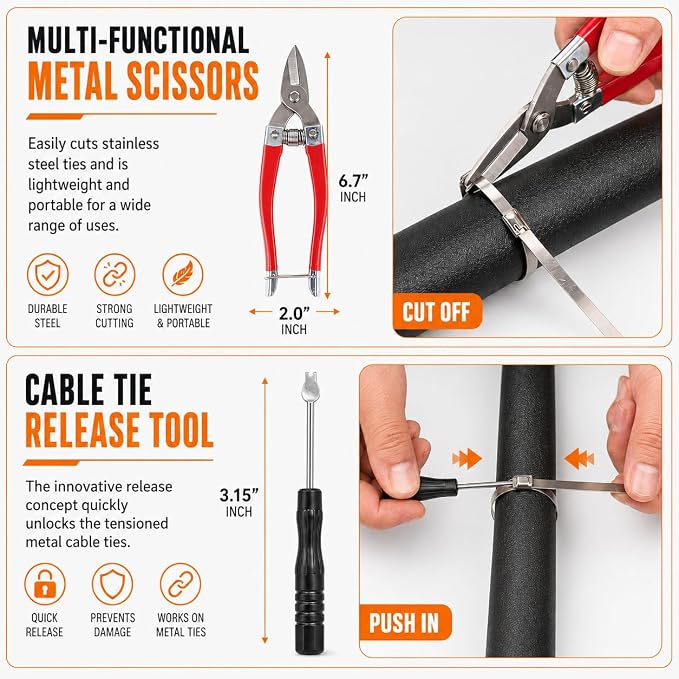 350Pcs Metal Zip Ties Gun Kit, Silver 8/12/16in Stainless Steel Zip Ties, Heavy Duty Cable Tie Fastening Cutting Tool Set with Organizer, Gloves, Storage Bag for Fence, Exhaust Wrap