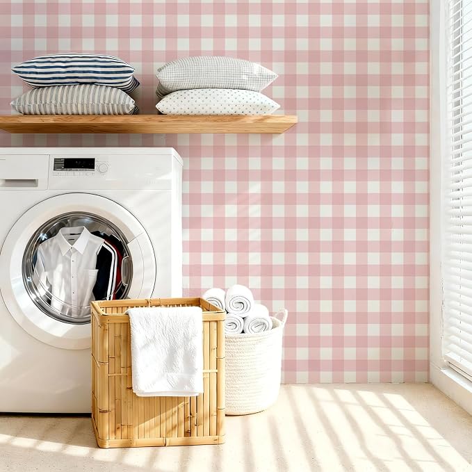 Plaid Wallpaper Peel and Stick, Pink, 17.7"x393" | Self Adhesive, Vinyl, Removable, Boho Contact Paper, Checkered Wall Paper for Bedroom, Living Room, Bathroom