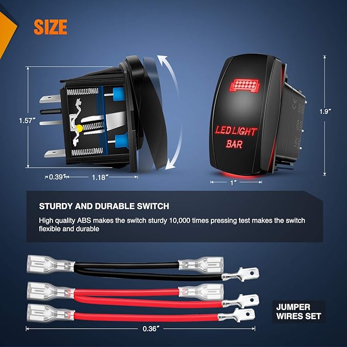Nilight 90001R LED Light Bar Rocker Switch Red 5Pin Laser On/Off LED Light 20A/12V 10A/24V Switch Jumper Wires Set