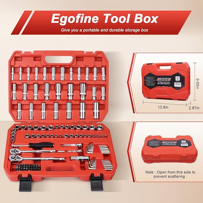 Egofine 117 Pieces 1/4 & 3/8 inch Drive Socket Ratchet Wrench Set, Metric/SAE Size, with Bit Socket Set and Extension Bar for Auto Repairing and Household, with Storage Case
