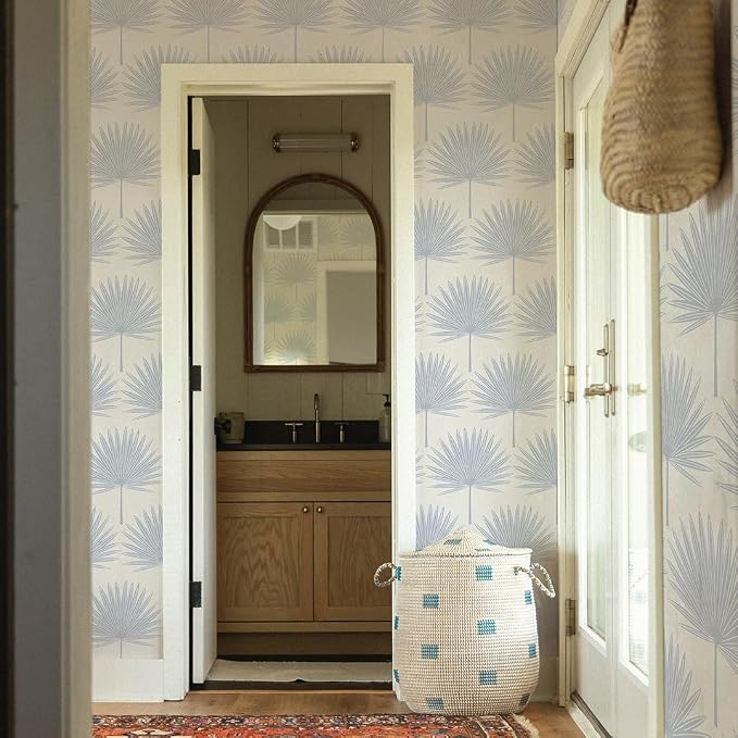 Tempaper Powder Blue & Off-White Stamped Palm Removable Peel and Stick Boho Wallpaper, 20.5 in X 16.5 ft, Made in the USA