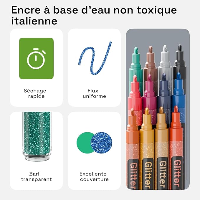 ARTISTRO 12 Glitter Paint Pens for Glass Marking, Rock Painting, Ceramic, Wood, Fabric, Scrapbooking, DIY Craft Making, Coloring - Acrylic Paint Markers Medium Tip 3mm