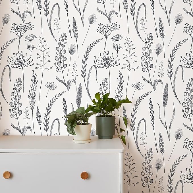 JiffDiff Peel and Stick Wallpaper Farmhouse Vintage Floral Contact Paper Wheat Meadow Removable Self Adhesive Wallpaper Black and White (56 sq.ft)