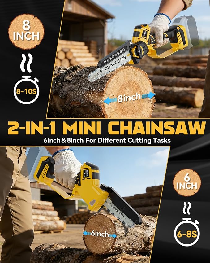 Ecarke Mini Chainsaw Compatible with Dewalt 20V, 8 Inch & 6 Inch Cordless Chain Saw Brushless, Electric Hand Tree Saw 2-IN-1 for Garden Tools, Branch Wood Cutting, Tree Trimming, Man Women (Tool Only)