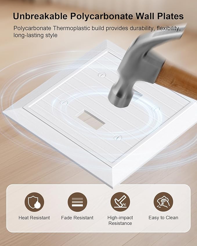 2-Pack Classic Beadboard Double Toggle Light Switch Cover Plate, Unbreakable Polycarbonate Decorative Switch Plate Covers, Pure White 2 Gang Wall Plate