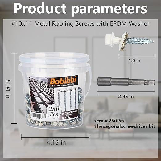 Metal Roofing Screws 10 x 1 inch, Brite White Hex Head Sheet Metal Roof Screw with EPDM Washer for Corrugated Roofing (250Pcs)